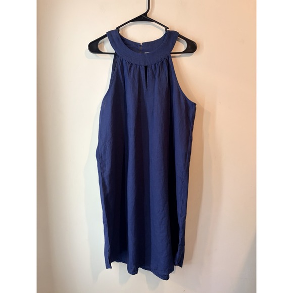 Antibes Blanc Linen Dress Blue Halter Neck Keyhole Size Large - Picture 1 of 6